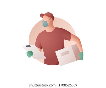 Delivery man in medical protective mask holding a box. Delivery service during the prevention of coronavirus. Safe shopping during the pandemic. Vector grain texture flat illustration