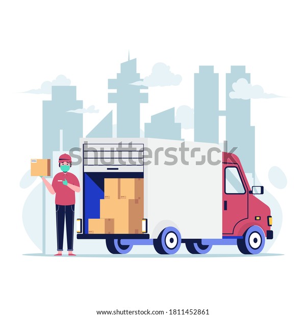 Delivery man with
medical protective mask on his face holding package with truck.
Flat design vector
illustration