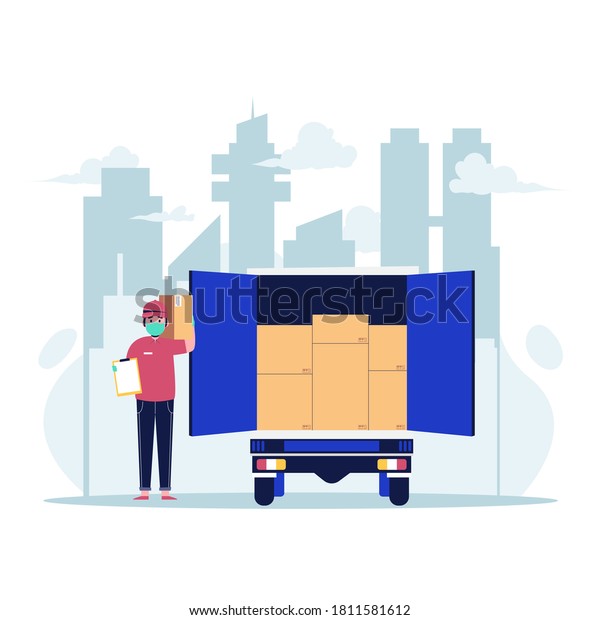 Delivery man with\
medical protective mask on his face holding boxes and clipboard.\
Flat vector\
illustration