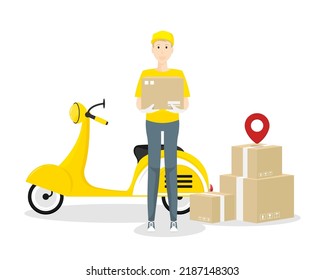 Delivery man with motorcycle and product box, Vector illustration.