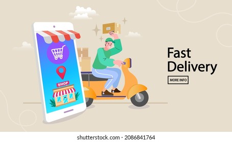 delivery man with motorcycles and smartphone for location. Customers ordering on mobile application. Fast delivery package by scooter on mobile phone. Vector illustration