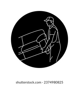 Delivery man moving sofa black line icon. Pictogram for web page, mobile app, promo.