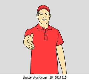 Delivery man offering hand to shake. hand drawn style vector design illustrations.