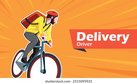 delivery man on bicycle with backpack for deliveries, illustration for advertising