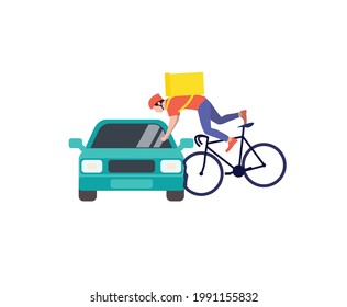 A delivery man on a bicycle crashed into a car. Dangerous situation. Carelessness during express delivery. Responsible work of the supplier. Accident on an isolated background Flat vector illustration