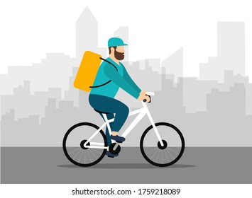 Delivery man on a on bicycle. Express delivery. City landscape. Flat style.