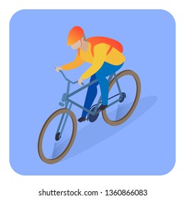 Delivery Man on Bicycle Isometric Illustration. Young Male Courier, Errand Boy, Riding Bike Flat Character. Student Odd Job, Profession, Occupation. Retail Products, Food Transportation Service