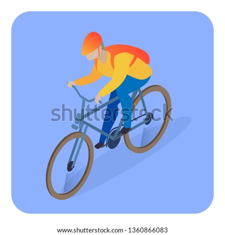 Delivery Man on Bicycle Isometric Illustration. Young Male Courier, Errand Boy, Riding Bike Flat Character. Student Odd Job, Profession, Occupation. Retail Products, Food Transportation Service