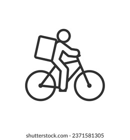 Delivery man on a bicycle, linear icon. Courier with a large backpack over his shoulders riding a bicycle. Line with editable stroke