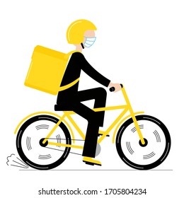 Delivery man on a bicycle with ordered food. Fast and free delivery. Doodle vector illustration.