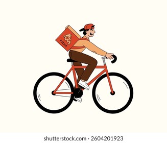 Delivery man on bicycle vector doodle illustration. 