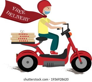 A delivery man on the bike, pizza delivery, free delivery banner, flat vector illustration
