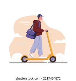 Delivery man on electric scooter. Food deliveries courier, logistics service scooter driver, deliveries work character vector illustration.