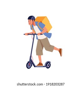 Delivery man on helmet riding electric kick scooter carrying thermal box. Portrait of young cheerful courier delivering food or parcel. Fast delivery service concept.  Vector illustration flat style.