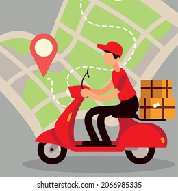 delivery man on map with cardboard boxes