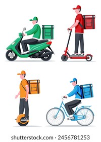 Delivery man on monowheel, scooter, motorbike, bicycle. Fast delivery in city. Male courier with parcel box with goods, products. Ecological, convenient city transportation. Flat vector illustration