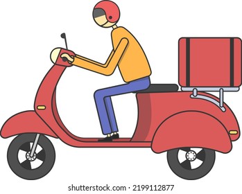 Delivery man on motorcycle, with box and helmet, illustrated.
