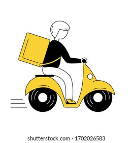 Delivery man on a motorcycle with ordered food. Fast and free delivery. Doodle vector illustration.