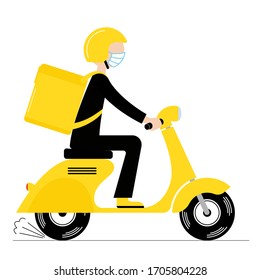 Delivery man on a motorcycle with ordered food. Fast and free delivery. Doodle vector illustration.