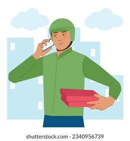 delivery man on phone delivers foodi n flat illustration