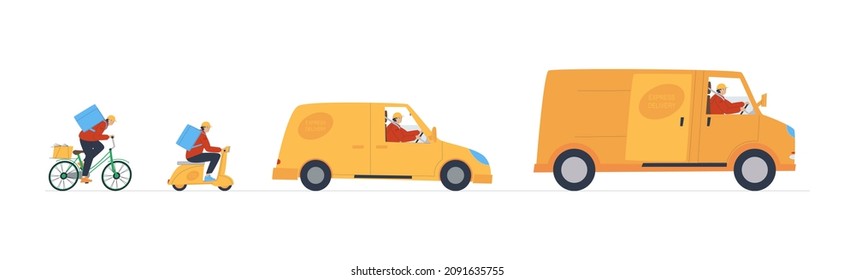 Delivery man on scooter, bike and car. The concept of the service delivery of groceries and goods to home and work. Set of flat vector illustration