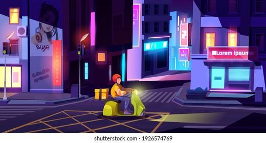 Delivery man on scooter with box drives on city street at night. Vector cartoon cityscape with boy on motorcycle on road in town. Courier in helmet on moped with order