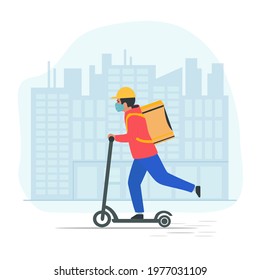 Delivery man on a scooter. A scooter courier delivers food. Vector flat illustration.