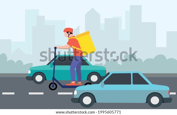 Delivery man on a scooter.  The courier goes on a route\
between cars in a helmet with a box.  Fast modern delivery service.\
 Express delivery in the city.  Side view.  Flat vector\
illustration 