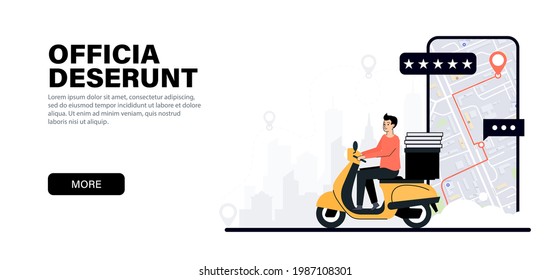 Delivery man on a scooter delivers food around the city, against the background of a smartphone with a map and location. Food delivery service, mail delivery service.