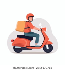 Hombre de parto en moto. Entrega de Scooter.Concepto de entrega. Material vectorial