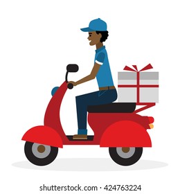 Delivery man on scooter. Fast transportation. Isolated african american cartoon character on white background. Postman, courier with parcel on motorbike. 