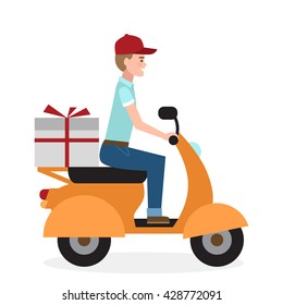 Lieferung Mann auf Roller. Schneller Transport. Einziger Cartoon-Charakter auf weißem Hintergrund. Postman, Kurier mit Paket auf Motorrad.