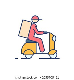 Hombre de entrega en el icono de la línea plana de la motocicleta