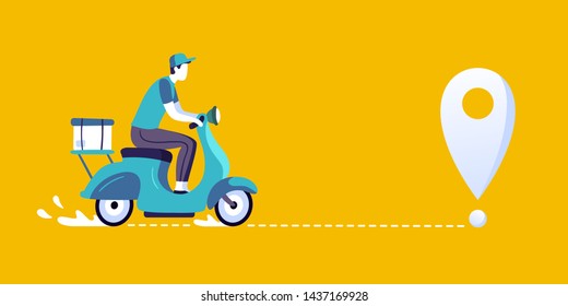 Delivery man on scooter. Food deliveries courier, delivering on city bike and delivery route. Meal logistic service scooter driver, pizza motorbike deliverys work character vector illustration