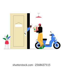 Delivery Man On Scooter Giving Parcel To Customer In Flat Vector Illustration Symbolizing Food Delivery, E Commerce, And Contactless Services, Isolated On White Background