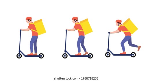Delivery man on a scooter in a helmet and with a box in motion.  Set of images, courier on an electric scooter.  Modern express delivery in the city.  Flat vector illustration