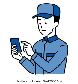 Delivery man operating a smartphone