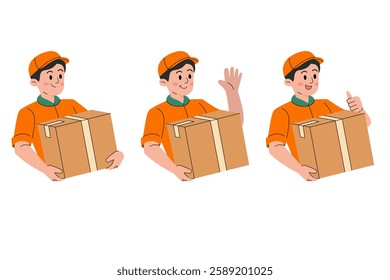 Delivery man in orange Uniform and different poses illustration collection 