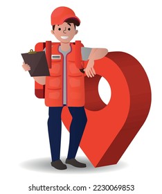 Un hombre de reparto con uniforme naranja se pone con la bolsa grande y un pasador de seguridad. Ilustración vectorial. personaje de dibujos animados.