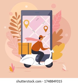 Delivery man, order food online concept illustration, flat vector design