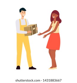 Delivery man in overalls giving brown box to woman cartoon style, vector illustration isolated on white background. Courier from post-service brought cardboard package or parcel to female customer
