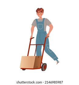 Delivery man in overalls using push cart to move boxes cartoon vector illustration