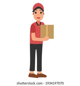 A delivery man, a package box, works to deliver goods to customers