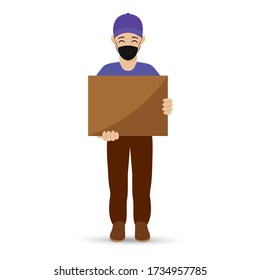 Delivery man with a package and face mask. Secure delivery - Vector