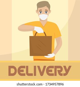 Delivery man with a package and face mask. Secure delivery - Vector