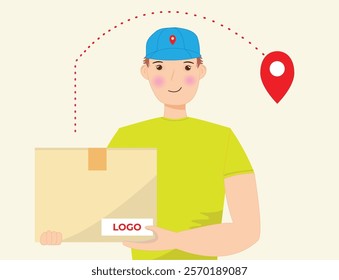 Delivery man with a package, man in a green T-shirt, man in a baseball cap, man with an envelope, goods, fast delivery, advertising, guy in a T-shirt and cap, logo on a package, packages, envelopes