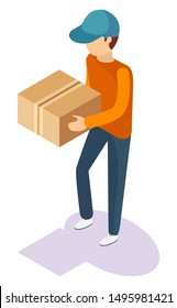 Delivery man with package in hands isolated cartoon person. Vector guy in cap with packaging, square box with adhesive tape. 3D isometric animated character