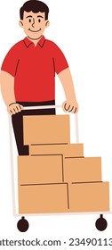 Delivery Man with Packages on Trolley Vector Illustration
