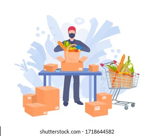 A Delivery Man Packing Food. A Grocery Store Employee Puts Together Purchases For Delivery. A Person Wears Mask, Gloves. Protective Measures Under The Conditions Of Coronavirus. Buying Food From Home.