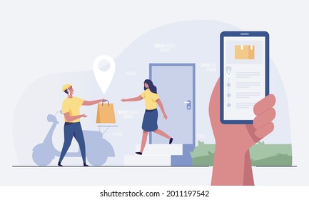 Delivery man with paper bag give to woman costumer. Delivery service. Woman receiving parcel from courier on doorstep. vector illustration